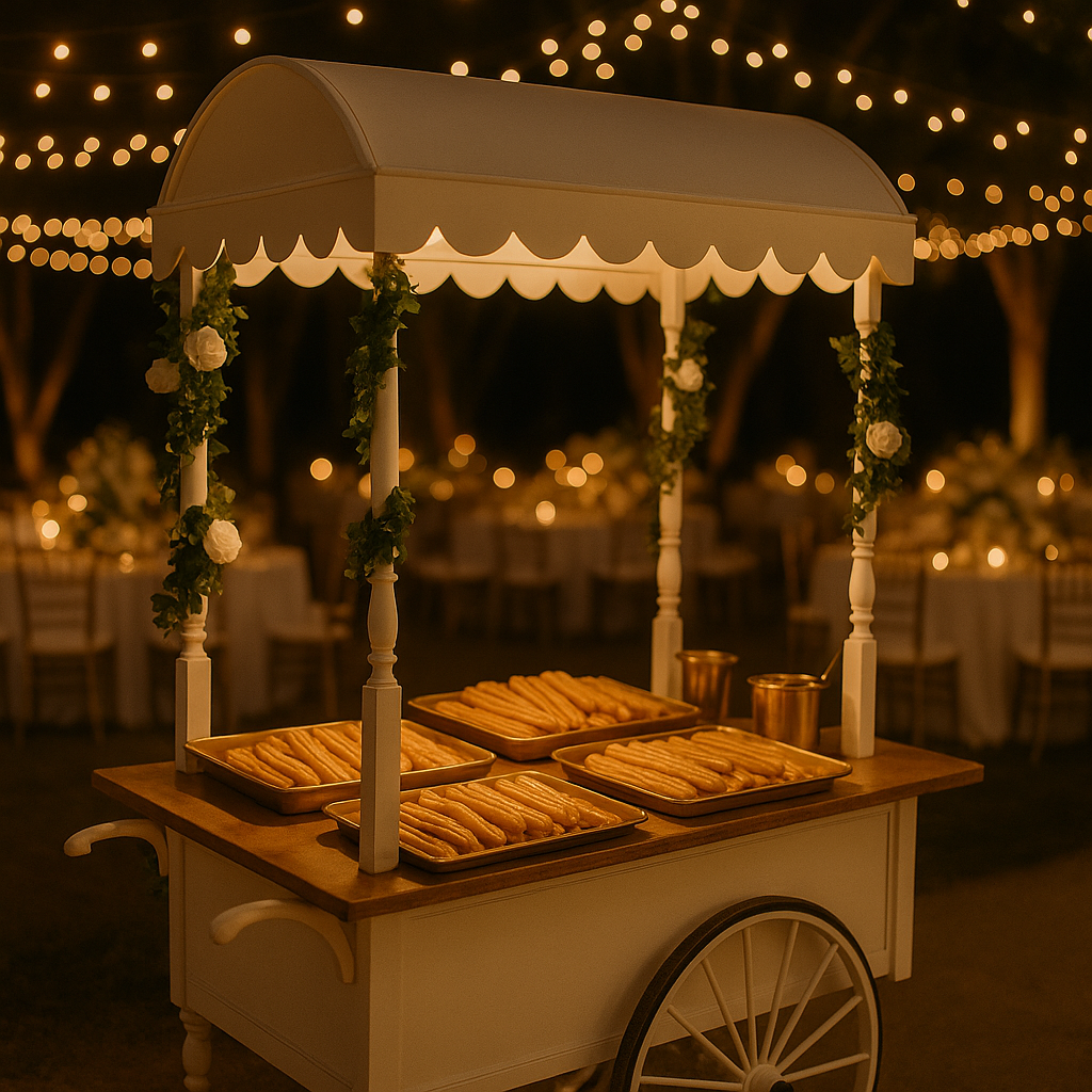 Churro cart setup at a wedding reception